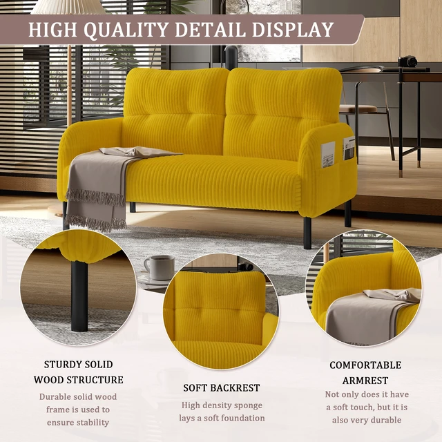 Main image of Corduroy Fabric, Monochrome Double Sofa Suitable for Living and Bedrooms, Yellow, Loveseats