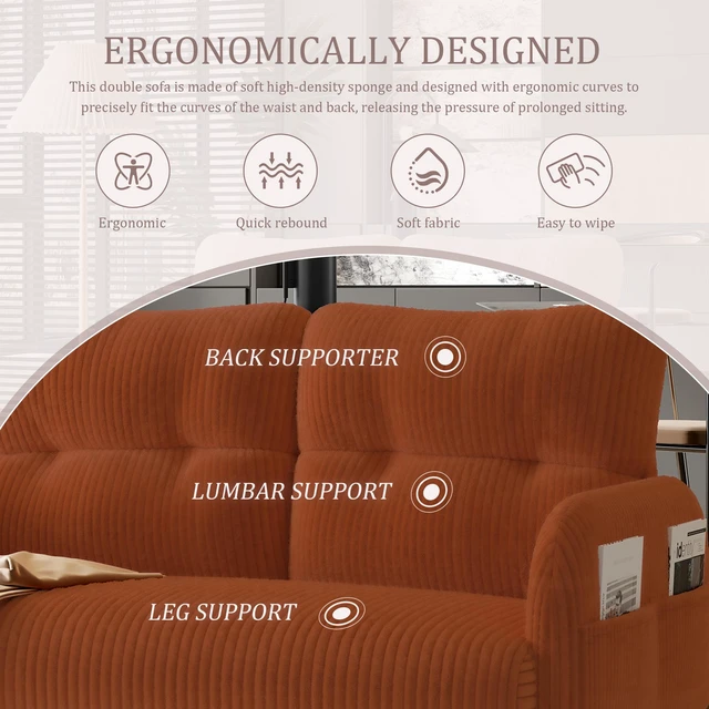 Alt view image 3 of 5 - Corduroy Fabric, Monochrome Double Sofa Suitable for Living and Bedrooms, Orange, Loveseats