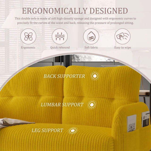 Alt view image 3 of 5 - Corduroy Fabric, Monochrome Double Sofa Suitable for Living and Bedrooms, Yellow, Loveseats