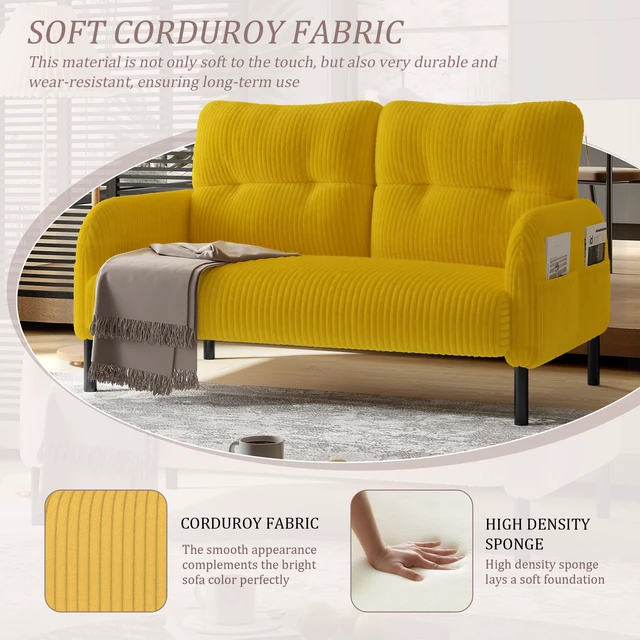Alt view image 2 of 5 - Corduroy Fabric, Monochrome Double Sofa Suitable for Living and Bedrooms, Yellow, Loveseats