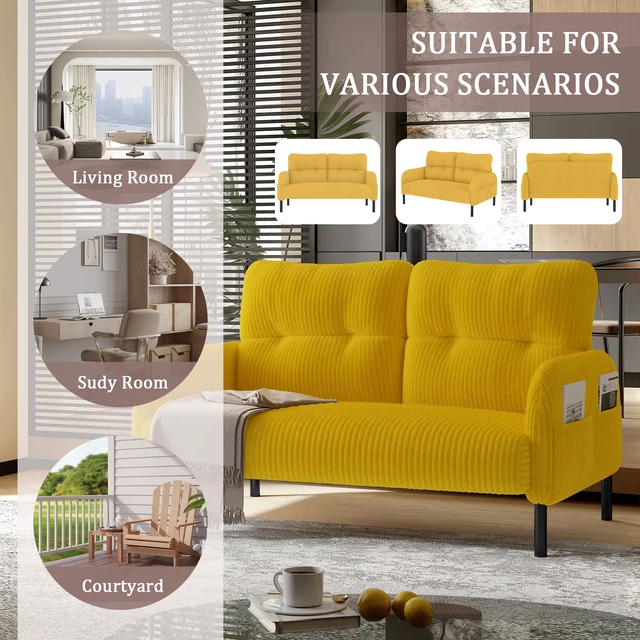 Alt view image 4 of 5 - Corduroy Fabric, Monochrome Double Sofa Suitable for Living and Bedrooms, Yellow, Loveseats