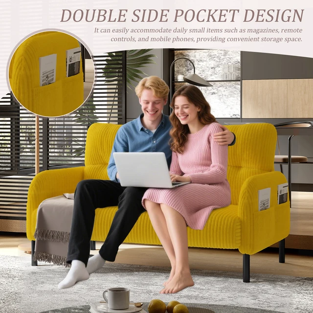 Alt view image 5 of 5 - Corduroy Fabric, Monochrome Double Sofa Suitable for Living and Bedrooms, Yellow, Loveseats