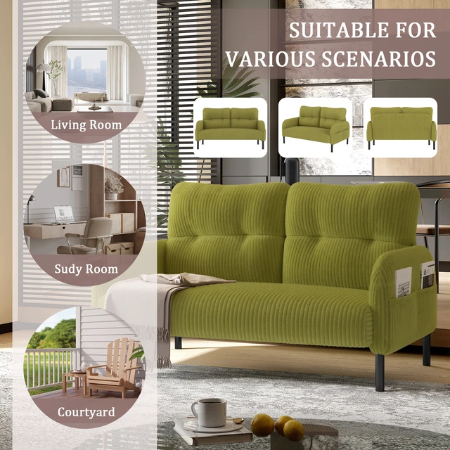 Alt view image 3 of 5 - Corduroy Fabric, Monochrome Double Sofa Suitable for Living and Bedrooms, Olive, Loveseats