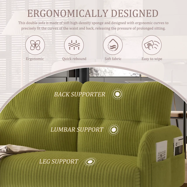 Alt view image 4 of 5 - Corduroy Fabric, Monochrome Double Sofa Suitable for Living and Bedrooms, Olive, Loveseats