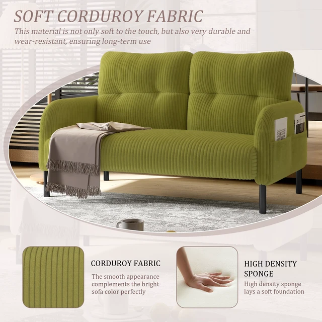 Alt view image 2 of 5 - Corduroy Fabric, Monochrome Double Sofa Suitable for Living and Bedrooms, Olive, Loveseats