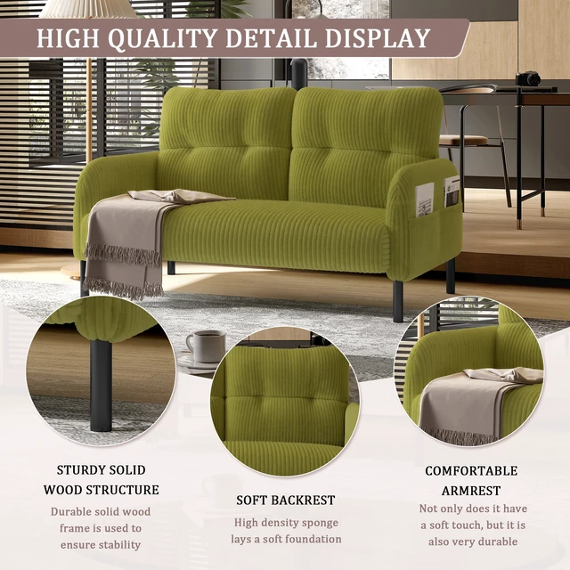 Main image of Corduroy Fabric, Monochrome Double Sofa Suitable for Living and Bedrooms, Olive, Loveseats