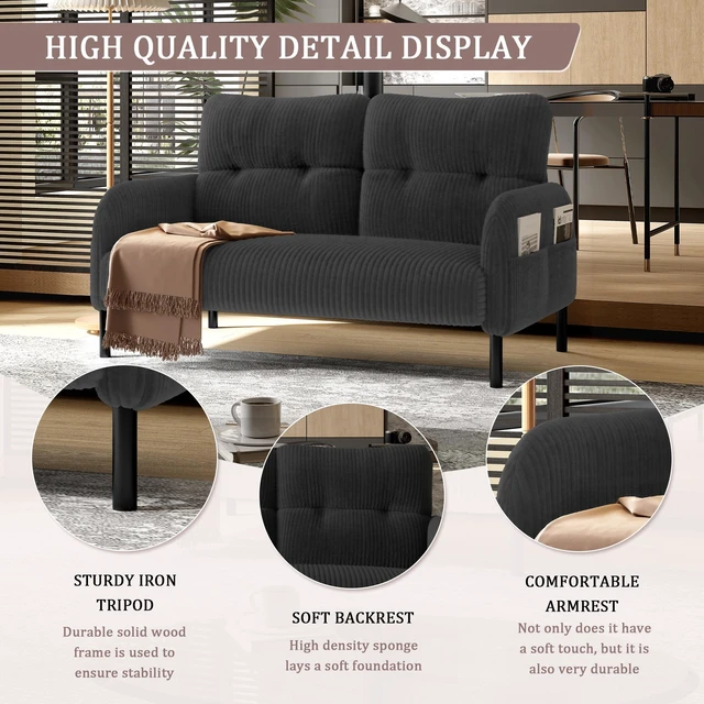 Main image of Corduroy Fabric, Monochrome Double Sofa Suitable for Living and Bedrooms, Gray, Loveseats