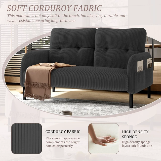 Alt view image 2 of 5 - Corduroy Fabric, Monochrome Double Sofa Suitable for Living and Bedrooms, Gray, Loveseats
