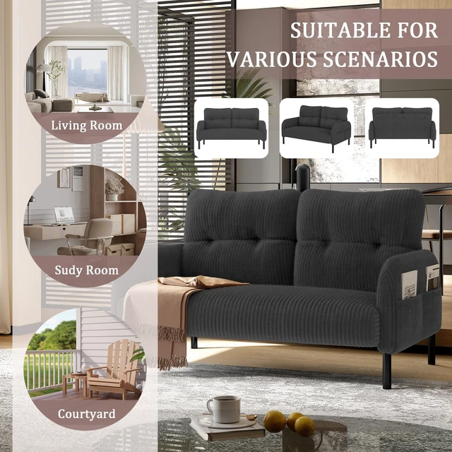 Alt view image 3 of 5 - Corduroy Fabric, Monochrome Double Sofa Suitable for Living and Bedrooms, Gray, Loveseats