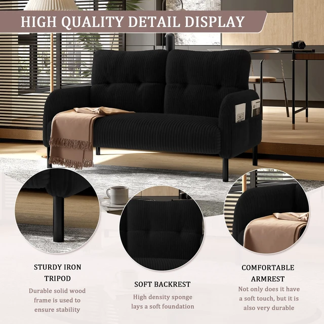 Main image of Corduroy Fabric, Monochrome Double Sofa Suitable for Living and Bedrooms, Black, Loveseats