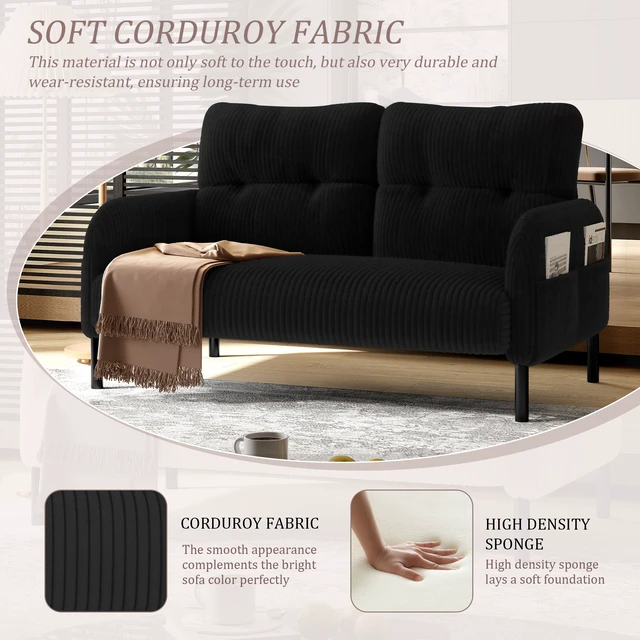 Alt view image 2 of 5 - Corduroy Fabric, Monochrome Double Sofa Suitable for Living and Bedrooms, Black, Loveseats