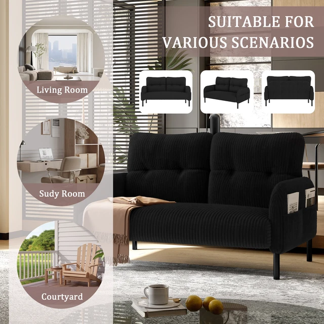 Alt view image 3 of 5 - Corduroy Fabric, Monochrome Double Sofa Suitable for Living and Bedrooms, Black, Loveseats