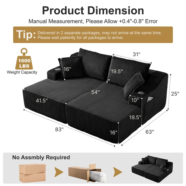 Alt view image 3 of 7 - 83 Inch Double Chaise Lounge, Black, Corduroy, Loveseats