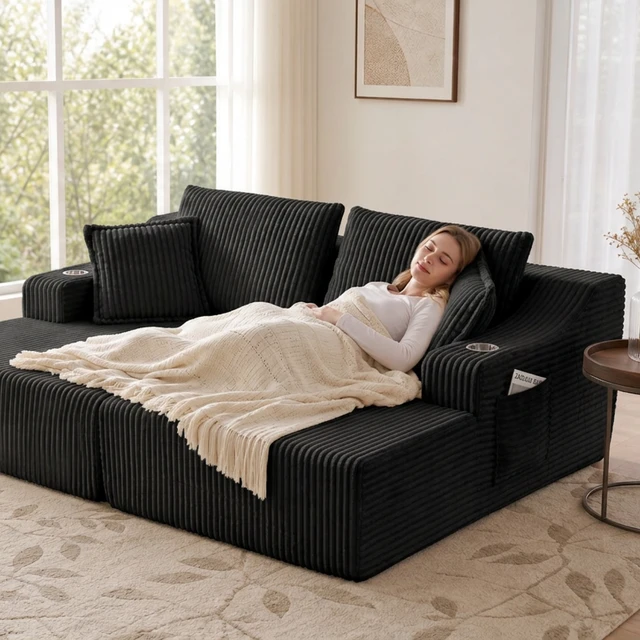 Alt view image 2 of 7 - 83 Inch Double Chaise Lounge, Black, Corduroy, Loveseats