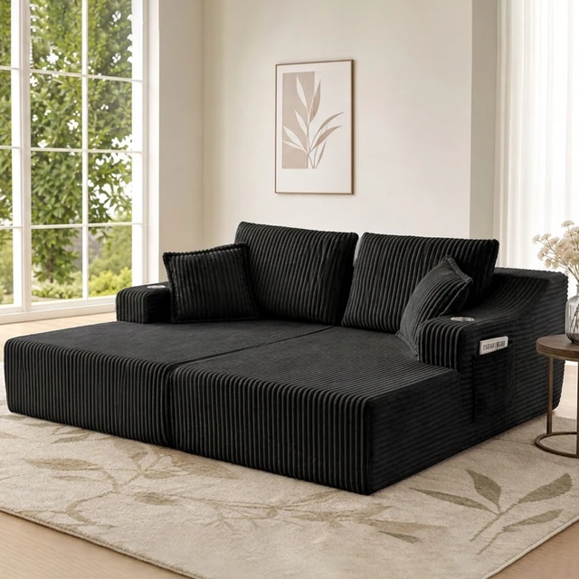 Alt view image 5 of 7 - 83 Inch Double Chaise Lounge, Black, Corduroy, Loveseats