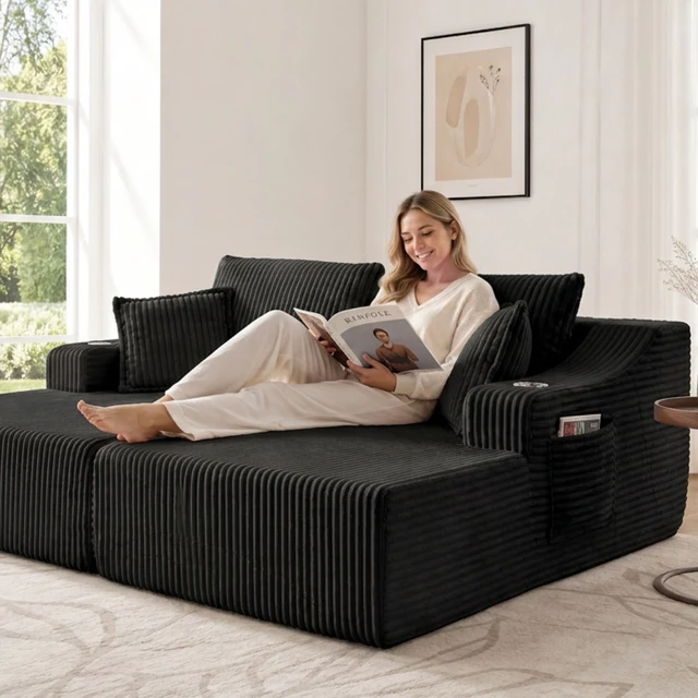 Alt view image 6 of 7 - 83 Inch Double Chaise Lounge, Black, Corduroy, Loveseats