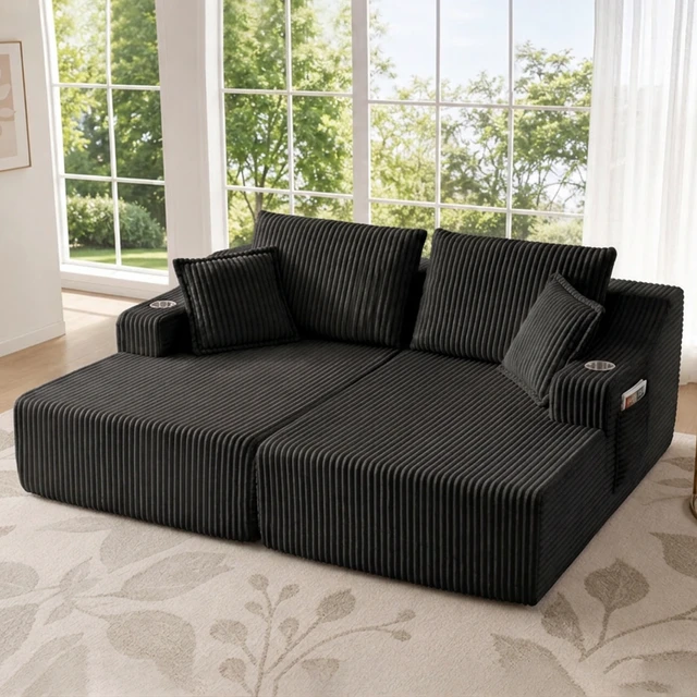 Alt view image 7 of 7 - 83 Inch Double Chaise Lounge, Black, Corduroy, Loveseats