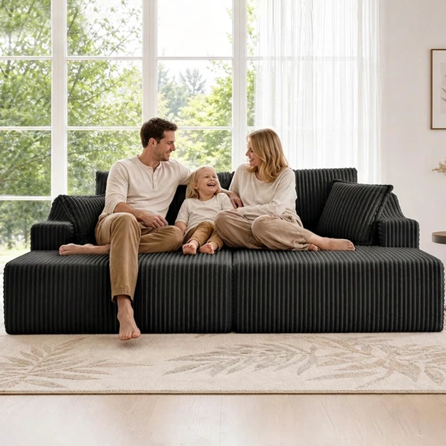 Main image of 83 Inch Double Chaise Lounge, Black, Corduroy, Loveseats