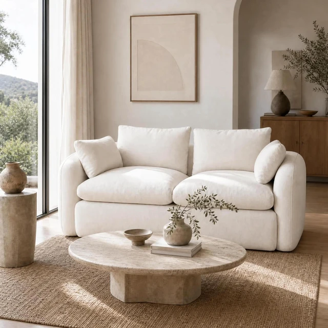Main image of Seater Compressed Sofa with Full High Resilience Sponge, Chenille Upholstery Loveseat for and Use, Milk White, Foam