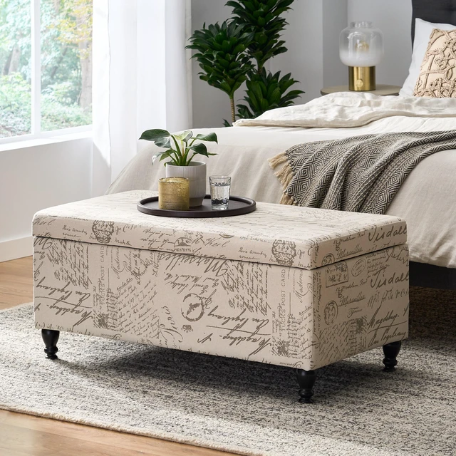 Alt view image 4 of 7 - Storage Ottoman, Rectangular Ottoman Bench Upholstered Storage Bench Foot Rest for Living Entryway, Beige Reclaimed