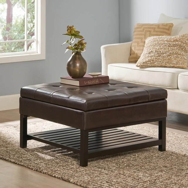 Main image of Storage Ottoman Coffee Table, Square Ottoman with Storage and Bottom Rack Tufted Upholstered Coffee Table for Living