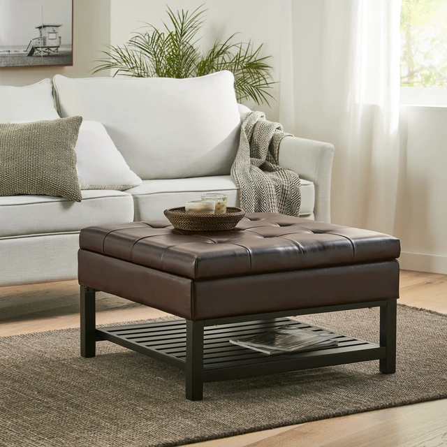 Alt view image 4 of 7 - Storage Ottoman Coffee Table, Square Ottoman with Storage and Bottom Rack Tufted Upholstered Coffee Table for Living
