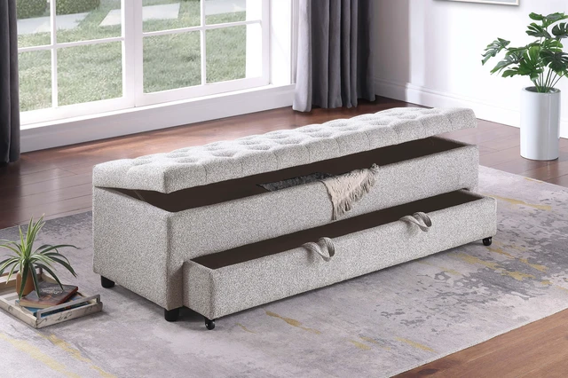 Main image of Living Furniture Ottoman Storage and Underseat Drawer Color 1 pc Ottoman Tufted Seat Boucle, Beige, Boucle, Fabric
