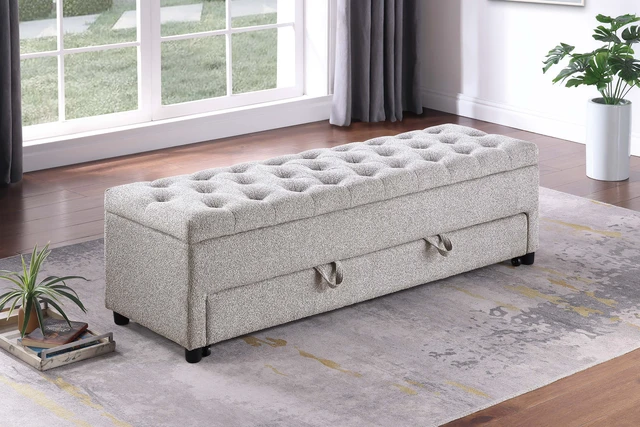Alt view image 3 of 7 - Living Furniture Ottoman Storage and Underseat Drawer Color 1 pc Ottoman Tufted Seat Boucle, Beige, Boucle, Fabric