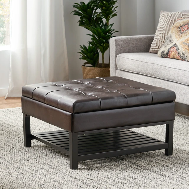 Alt view image 3 of 7 - Storage Ottoman Coffee Table, Square Ottoman with Storage and Bottom Rack Tufted Upholstered Coffee Table for Living