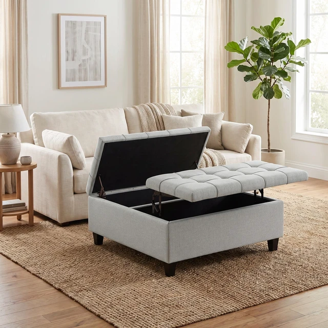 Main image of Square Split Lift Top Storage Ottoman, Gray, Rubber Wood