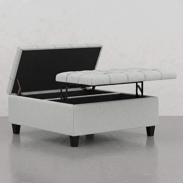 Alt view image 4 of 6 - Square Split Lift Top Storage Ottoman, Gray, Rubber Wood