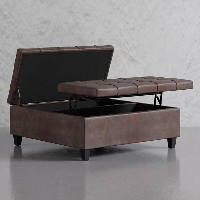 Alt view image 5 of 5 - Large Square Split Lift Top Storage Ottoman, Distressed Brown, Solid Wood