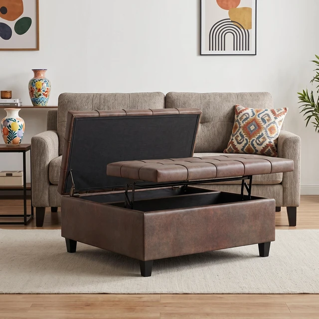 Main image of Large Square Split Lift Top Storage Ottoman, Distressed Brown, Solid Wood