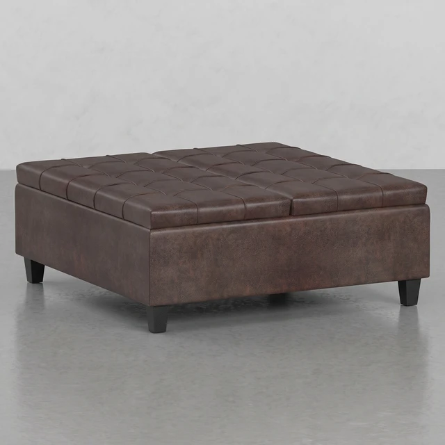 Alt view image 3 of 5 - Large Square Split Lift Top Storage Ottoman, Distressed Brown, Solid Wood