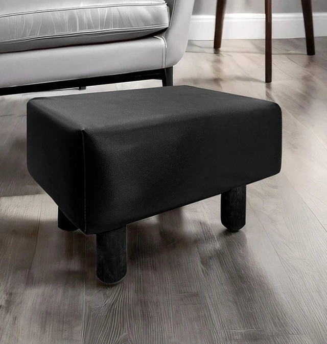 Main image of Black Finish 2 pc Footstool Leatherette Upholstered Angle Wooden Legs Living Furniture, Leather and Solid Wood, Ottomans
