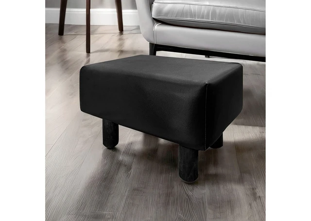Alt view image 3 of 5 - Black Finish 2 pc Footstool Leatherette Upholstered Angle Wooden Legs Living Furniture, Leather and Solid Wood, Ottomans