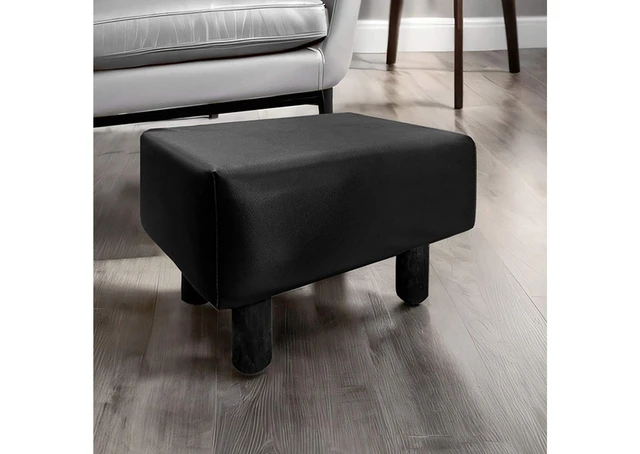 Alt view image 5 of 5 - Black Finish 2 pc Footstool Leatherette Upholstered Angle Wooden Legs Living Furniture, Leather and Solid Wood, Ottomans