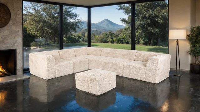 Alt view image 6 of 6 - Ottoman High Density Compressed Foam Faux Fur Sand Color Living 1 pc
