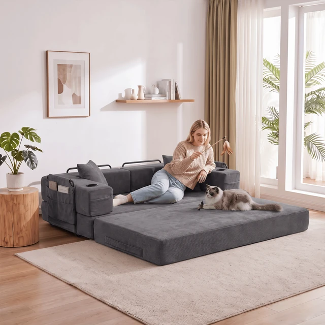 Alt view image 2 of 3 - Modular Convertible Sofa Bed with Built in Cup Holders, Heavy Duty Iron Frame Corduroy Fabric Stackable Space Saving