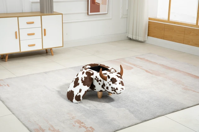 Alt view image 3 of 7 - Bernie the Cow Storage Ottoman, Brown White, Faux Fur