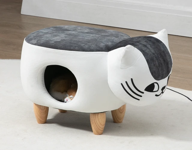 Alt view image 2 of 7 - Caroline the Cat Ottoman, White Gray, Microfiber