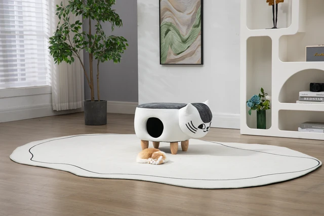 Alt view image 4 of 7 - Caroline the Cat Ottoman, White Gray, Microfiber