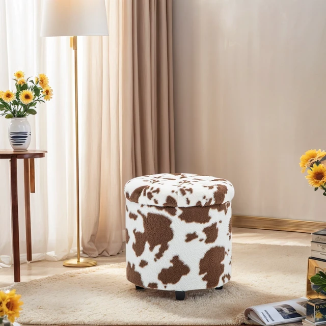 Alt view image 2 of 7 - Tufted Round Storage Ottoman, Brown White, Faux Fur