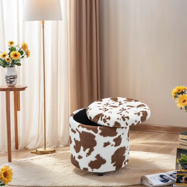 Main image of Tufted Round Storage Ottoman, Brown White, Faux Fur