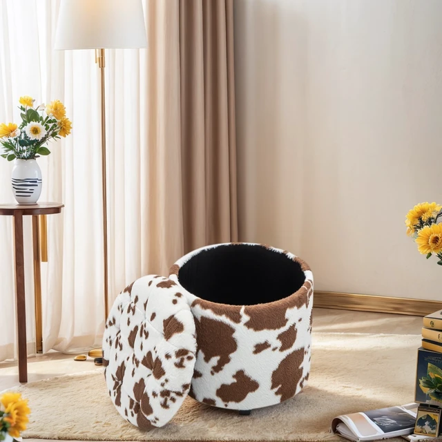 Alt view image 6 of 7 - Tufted Round Storage Ottoman, Brown White, Faux Fur