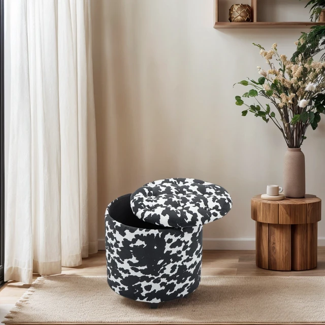 Alt view image 2 of 7 - Tufted Round Storage Ottoman, Black and White Print, Microfiber