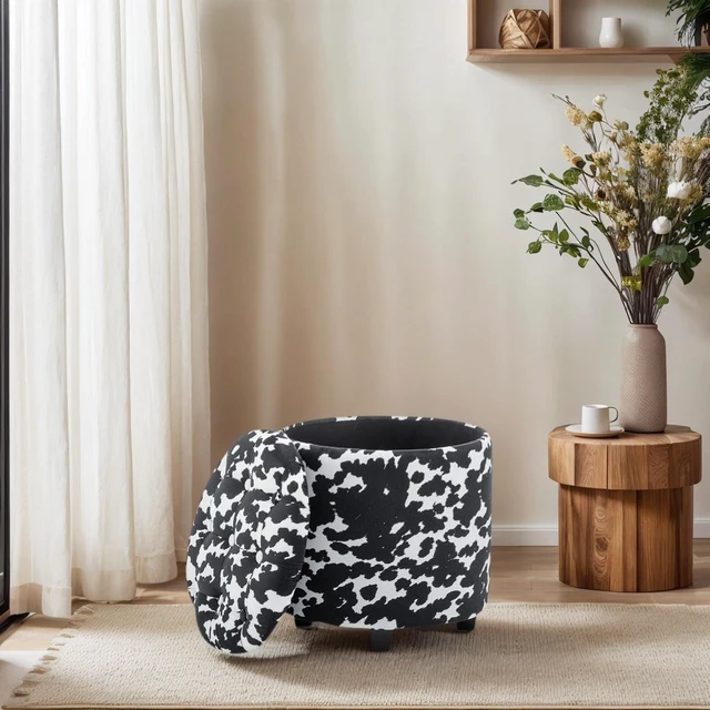 Main image of Tufted Round Storage Ottoman, Black and White Print, Microfiber