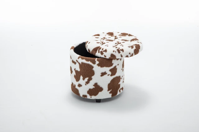 Alt view image 7 of 7 - Tufted Round Storage Ottoman, Brown White, Faux Fur