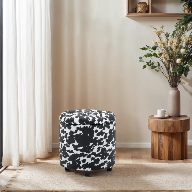 Alt view image 3 of 7 - Tufted Round Storage Ottoman, Black and White Print, Microfiber