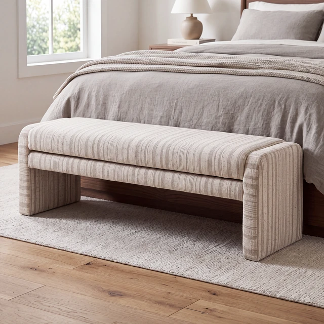 Alt view image 2 of 7 - 62.2 Inch Striped Upholstered Ottoman Bench, Wraparound Frame Decorative Ottoman Textured Fabric Accent for Bed End